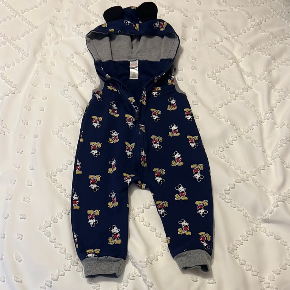 Blue Hooded Baby Onesie with Mickey Print